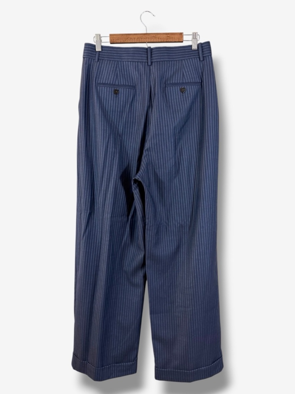 Theory Pleated Wide Leg Wool Trouser Size 10 Navy Blue Stripe Cuffed Minimalist - Picture 8 of 10